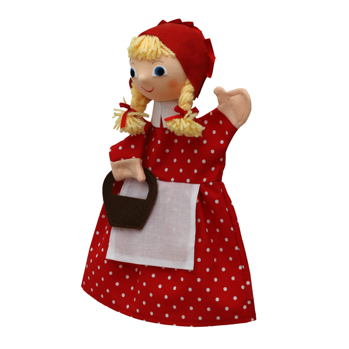 Hand Puppet The Little Red Riding Hood with Braids and Basket 30 cm, Red Hand Puppet - Pintado & Lacado