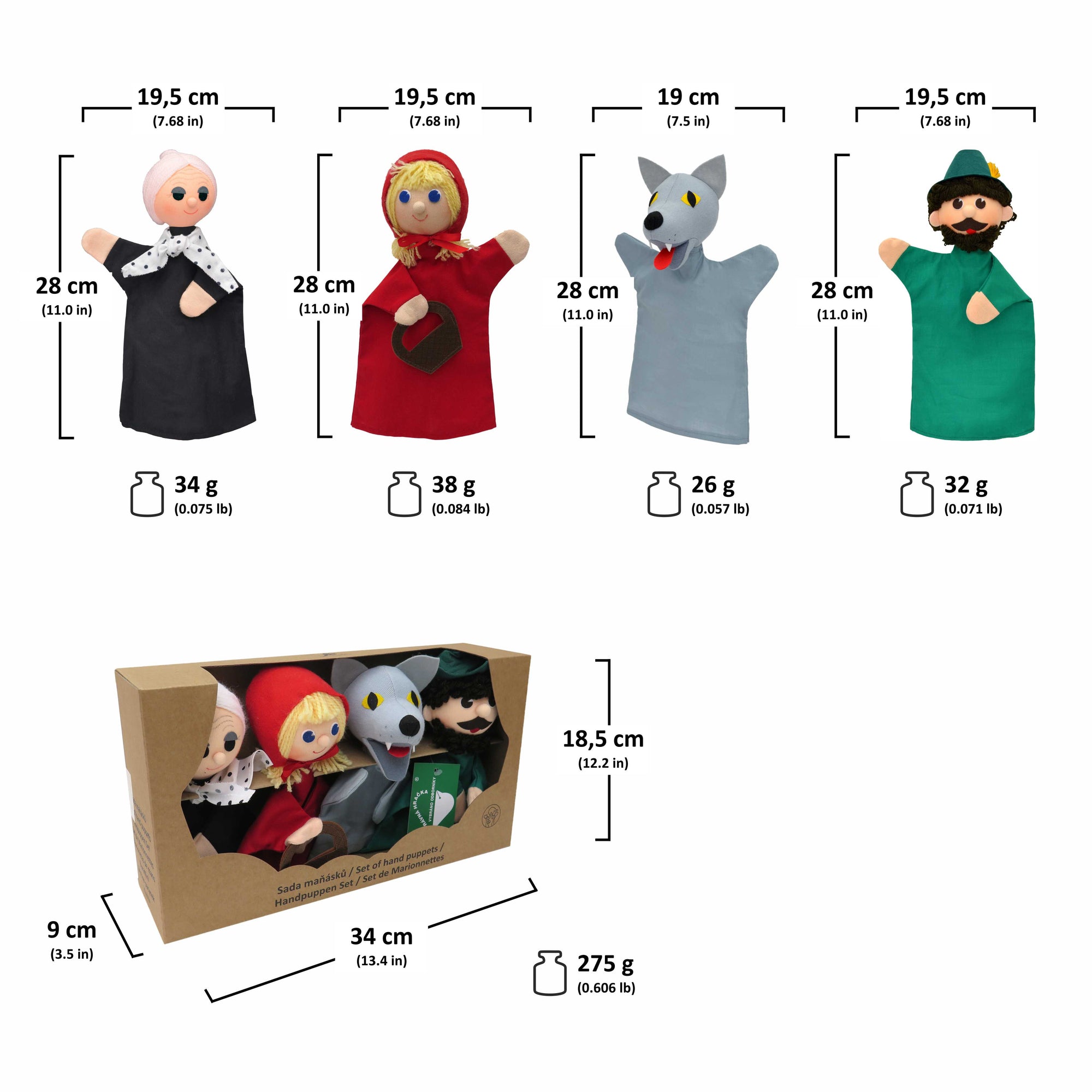 4er Set Handpuppen Rotkäppchen 18,5 cm, 22757C