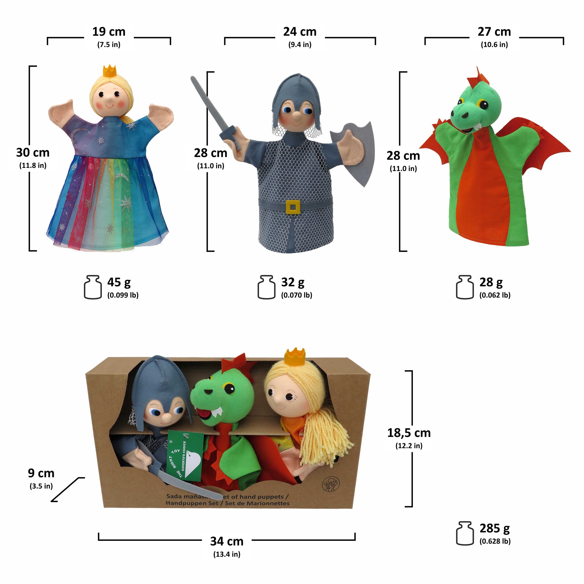 3er Set Handpuppen Prinzessin & Prinz & Drache 19 cm, 22782G