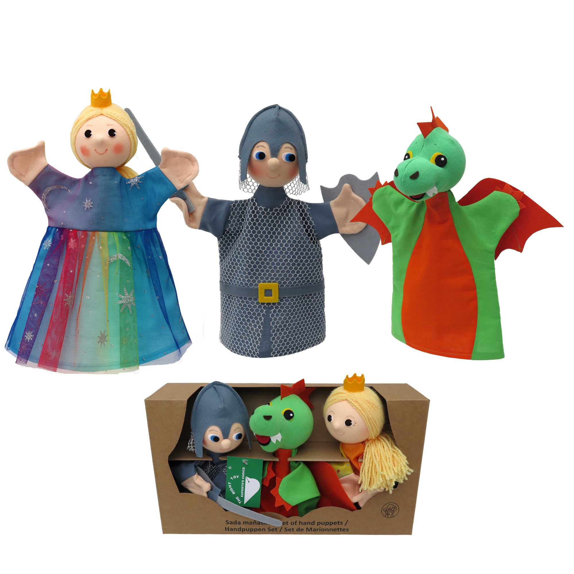 3er Set Handpuppen Prinzessin & Prinz & Drache 19 cm, 22782G