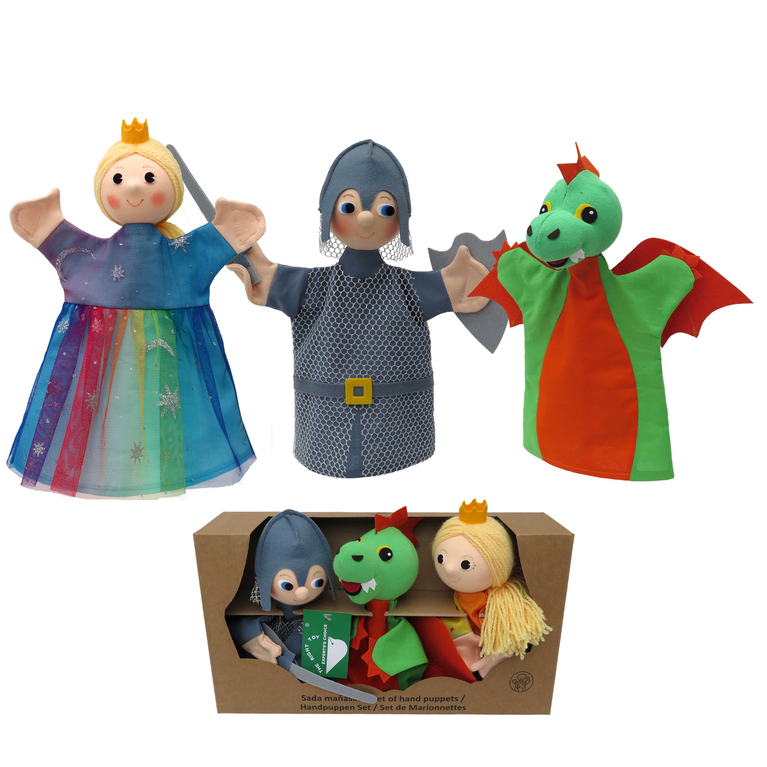 3er Set Handpuppen Prinzessin & Prinz & Drache 19 cm, 22782G