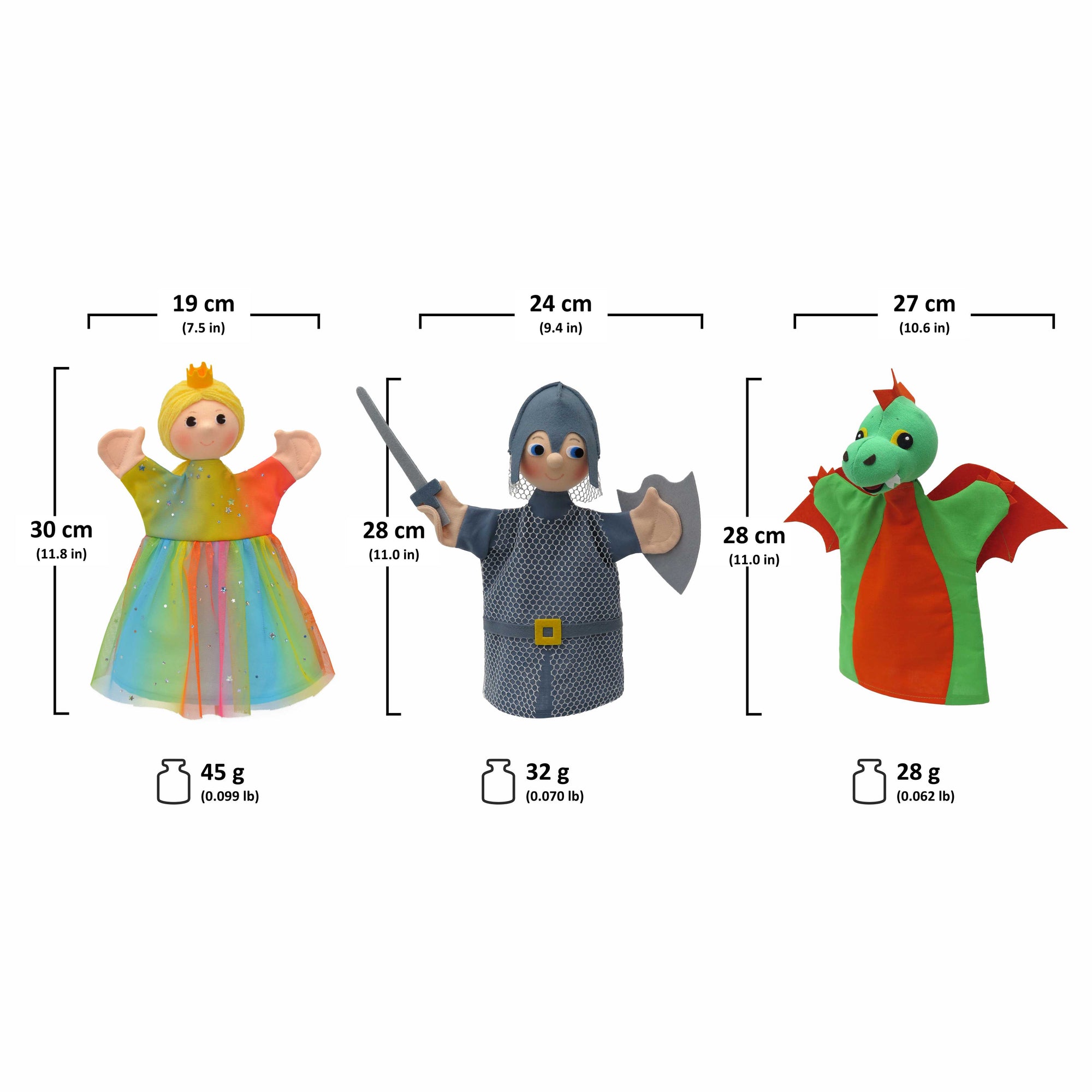 3er Set Handpuppen Prinzessin Prinz Drache 18,5 cm, 22782T