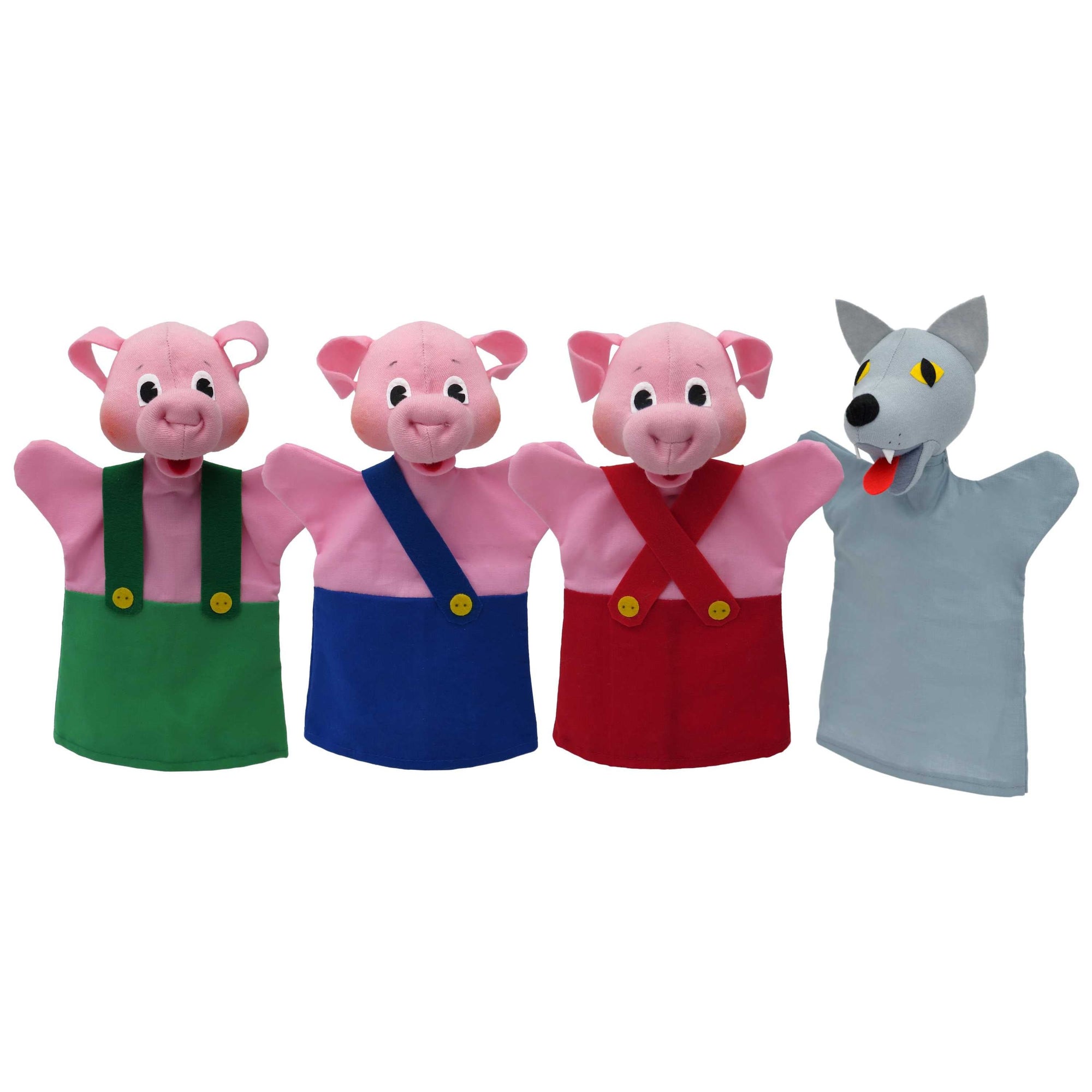 4er Set Handpuppen Drei kleine Schweine & Wolf 26 cm, 22784S