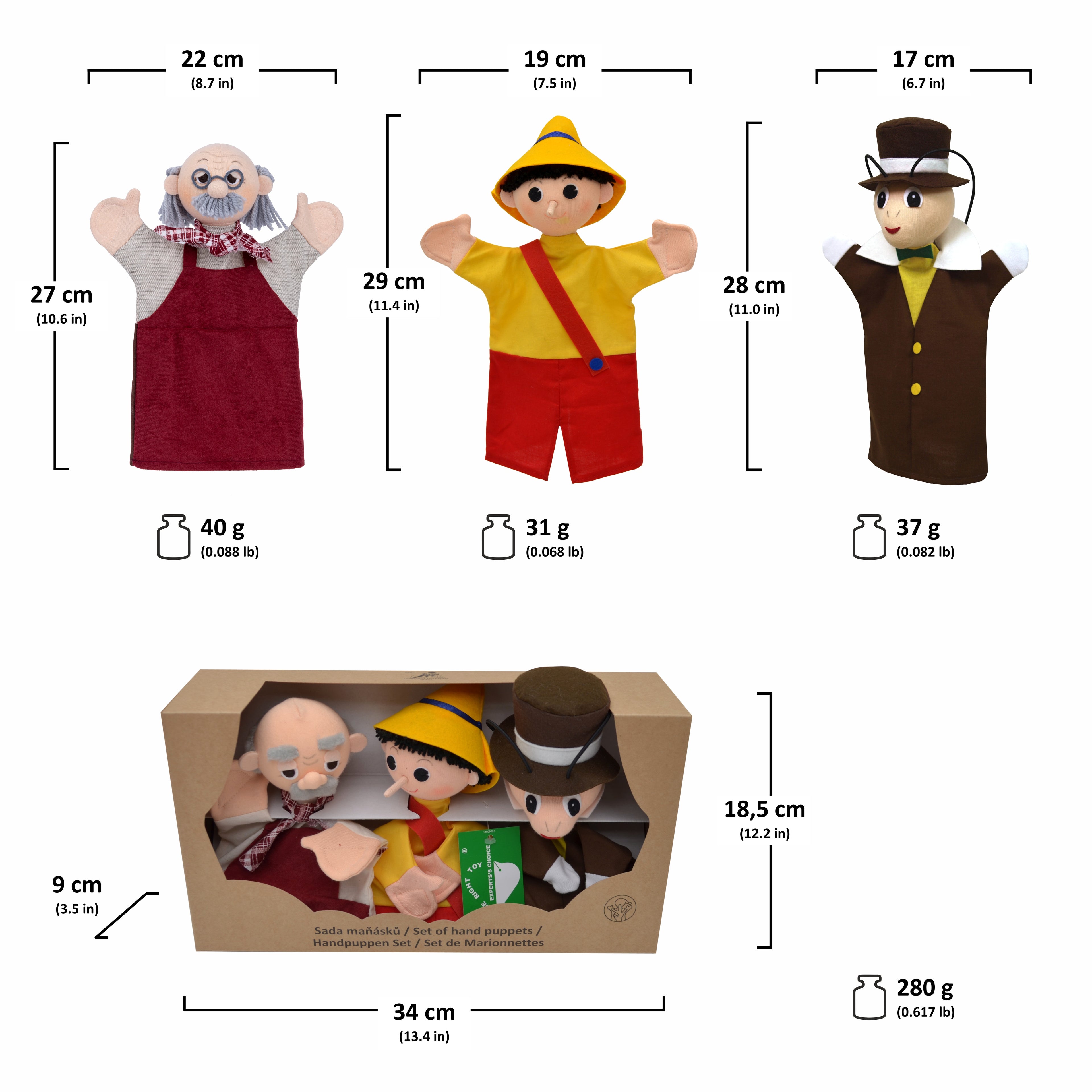 3er Set Handpuppen - Pinuccio 18,5 cm, 22789D Handpuppe - Pintado & Lacado