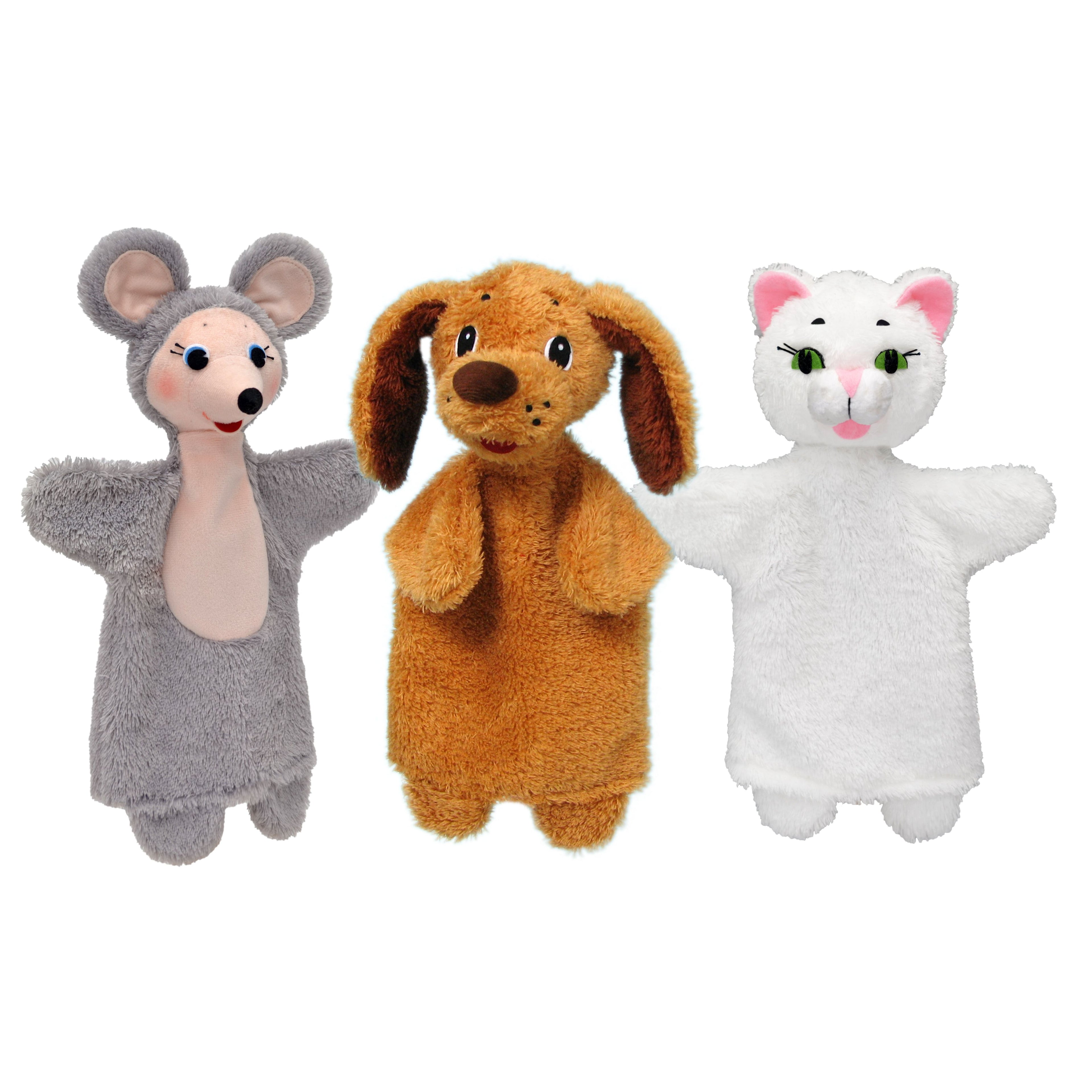 3er Set Handpuppen Maus Hund und Katze 18,5 cm, 24703P