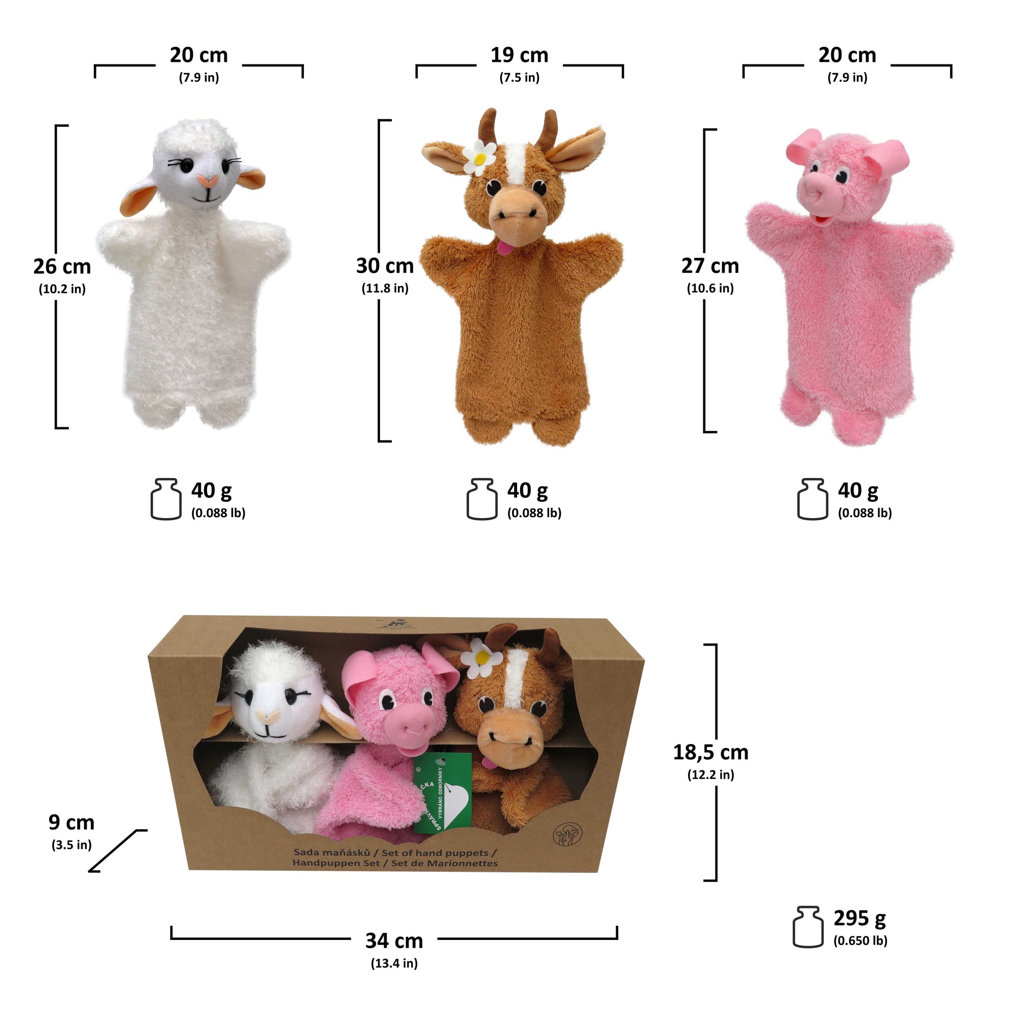3er Set Handpuppen Schaf Kuh Schwein 18,5 cm, 24706B