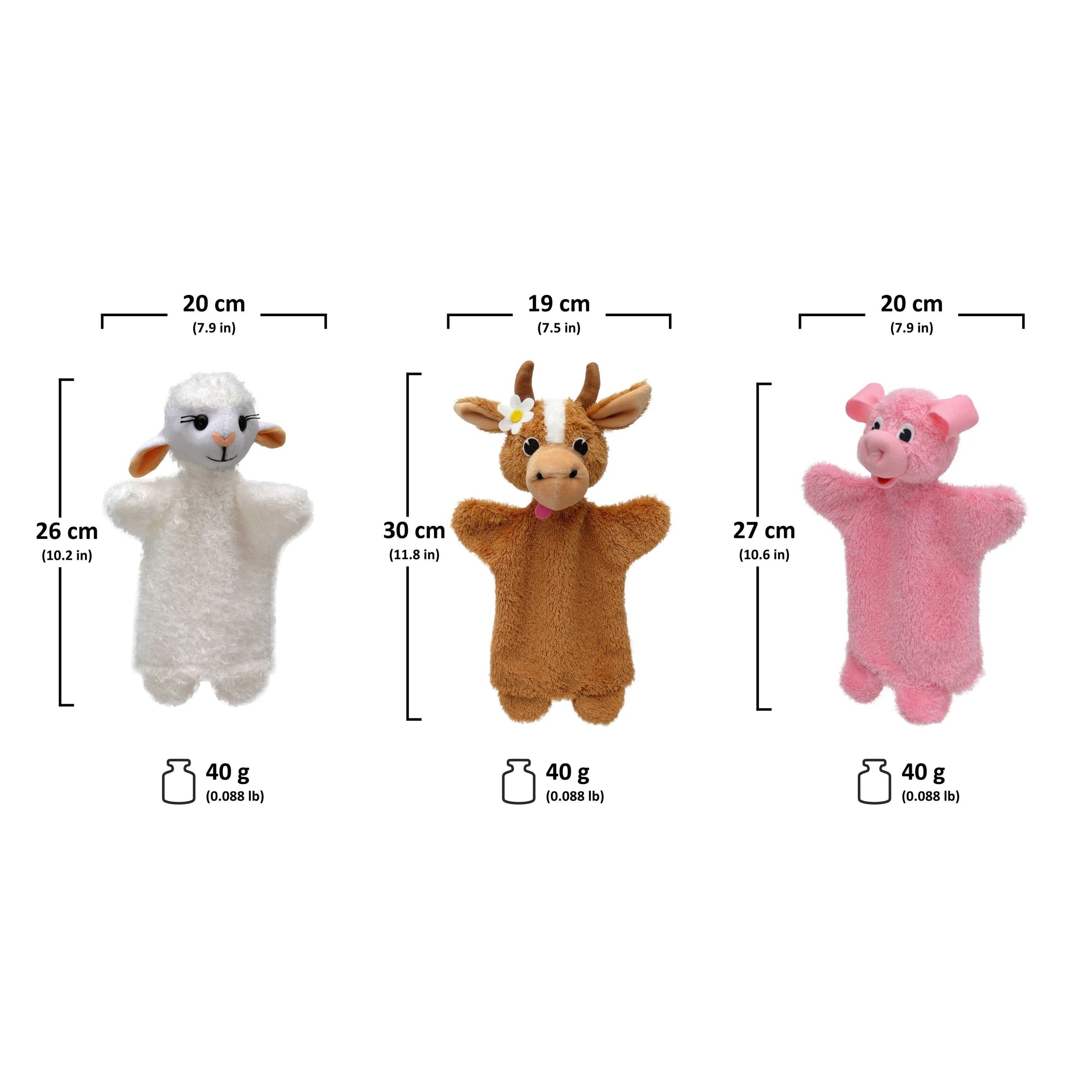 3er Set Handpuppen Schaf Kuh Schwein 18,5 cm, 24706S