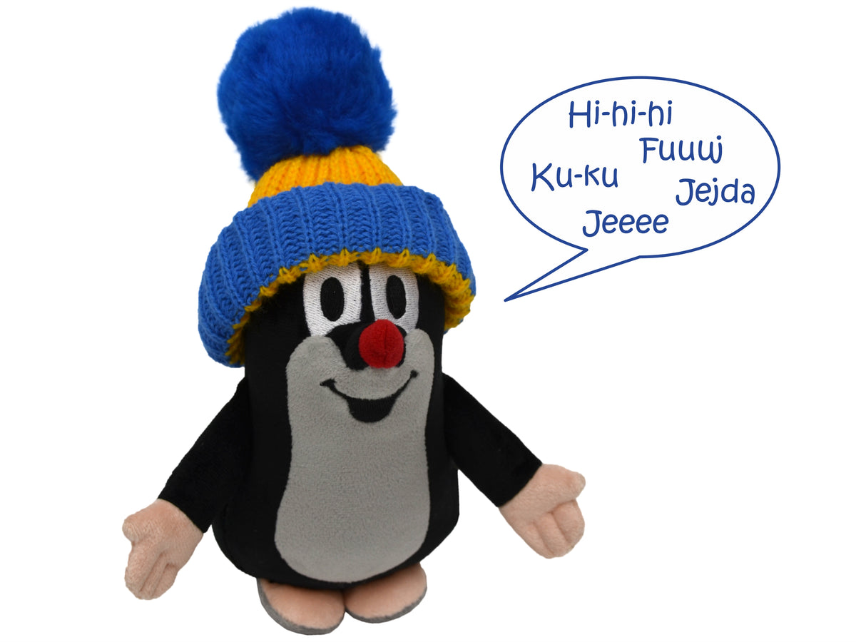 Stuffed Animal The Little Mole with Blue Beanie Speaking 20 cm, Black / Blue Stuffed Animal - Pintado & Lacado