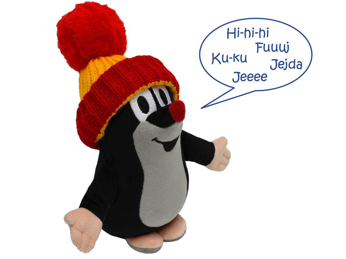 Stuffed Animal The Little Mole with Red Beanie Speaking 20 cm, Black / Red Stuffed Animal - Pintado & Lacado