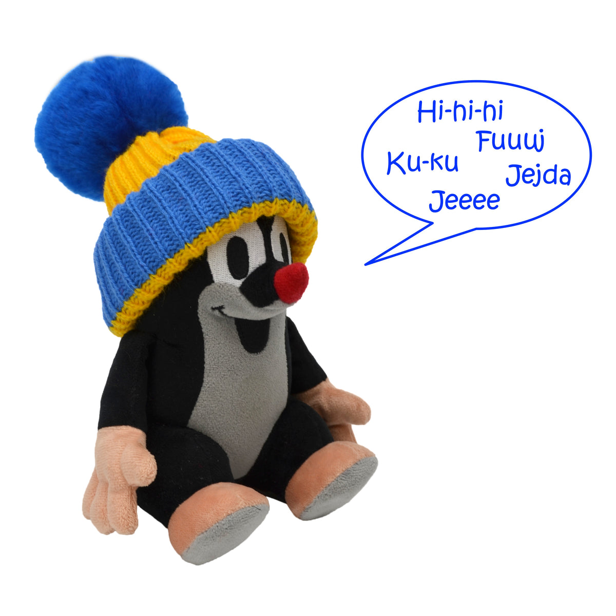 Stuffed Animal The Little Mole with Blue Beanie Speaking 20 cm, Black / Blue Stuffed Animal - Pintado & Lacado